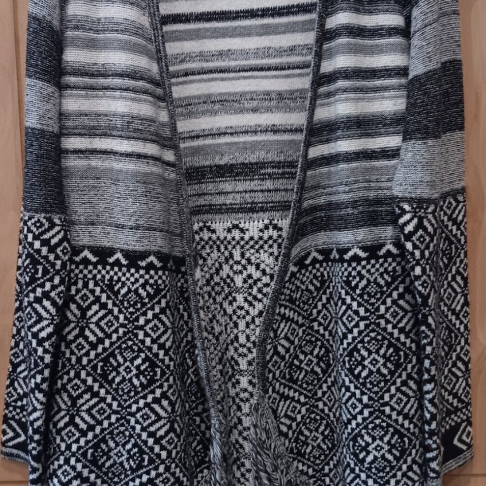 Christine Gerard Womens Large Black Gray White Striped Cardigan - EUC.